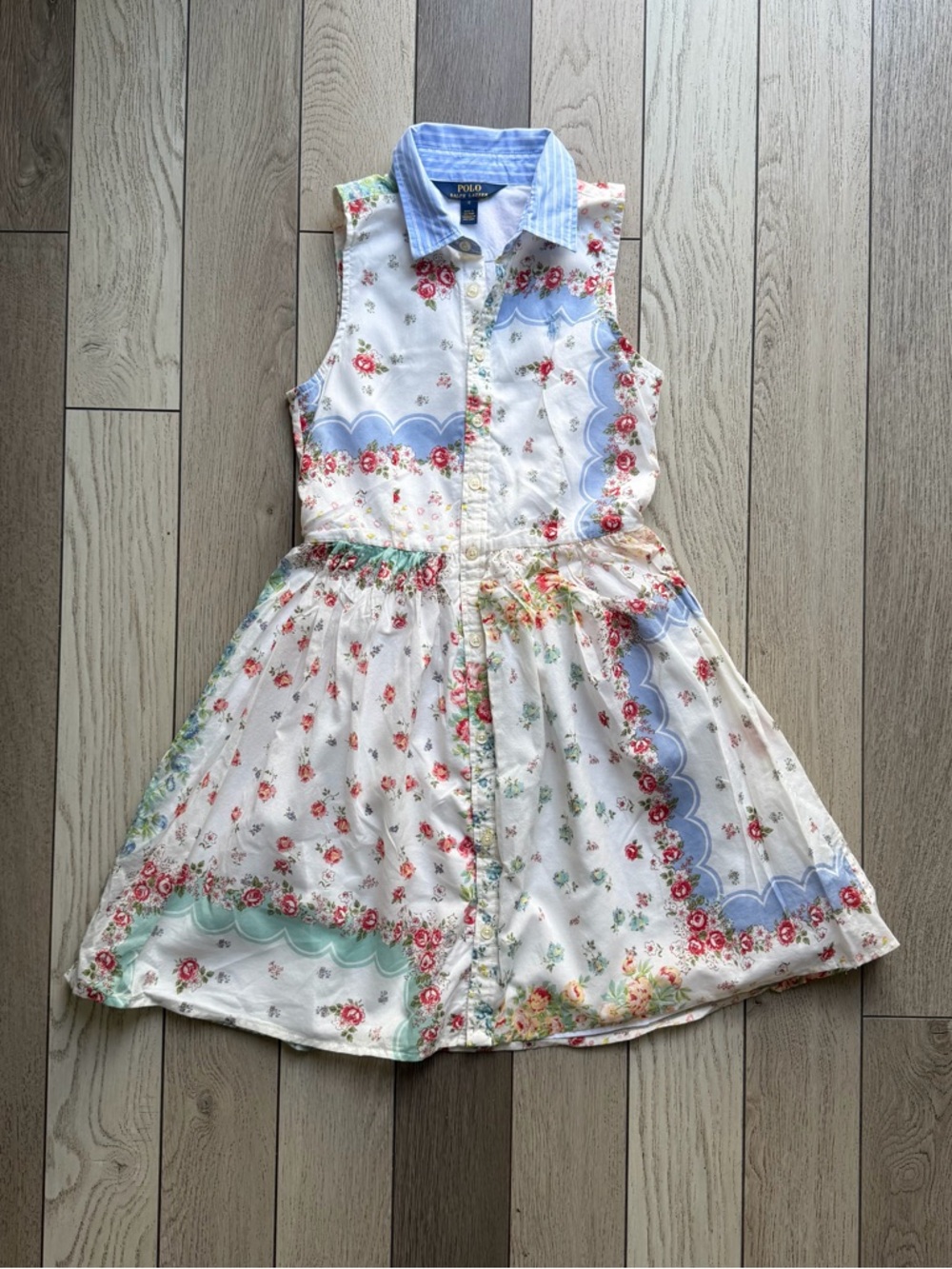 Polo by Ralph Lauren White Floral Button-Front Dress with Blue Accents size 12
